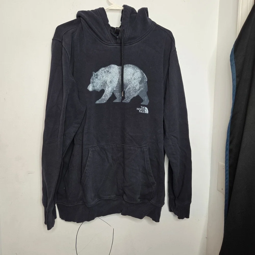 The North Face Mens XL Bear Graphic Hoodie Navy Blue Pullover Sweatshirt Fleece